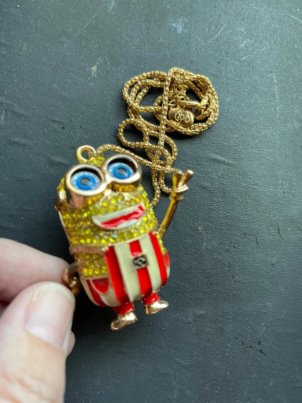 Minion Crystal Yellow Pendant with Red Stripe Overalls. His  Arms Move. NWOT